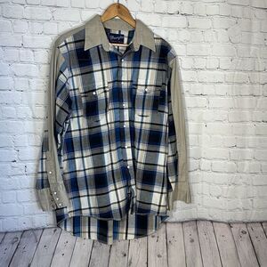Wrangler‎ Shirt Mens X-Long Tails Western Pearl Snap Blue Plaid Button Up 16 1/2